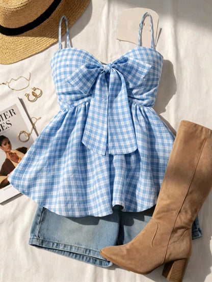Women's Summer Camisole, Women's Plaid Camisole Top For Vacation, Graduation, Wedding, Back To School, Vintage Style Camisole, Cute Casual Summer Day, Romantic Country Style, Loose Comfortable Hem Cam