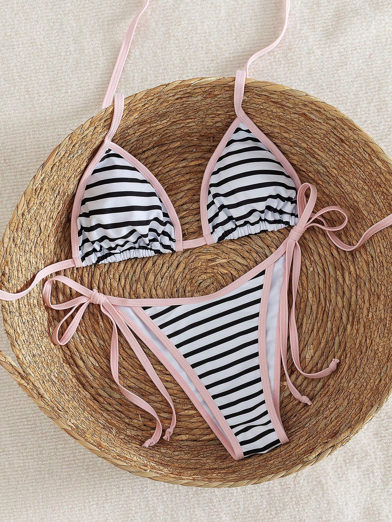 Women's Summer Colorblock Striped Bikini Set Set, Halter Neck Tie Backless Swimwear, High Elasticity Breathable Fabric, Party/Music Festival Bikini Set, Beach Vacation Swimwear, Women's Summer Vacatio