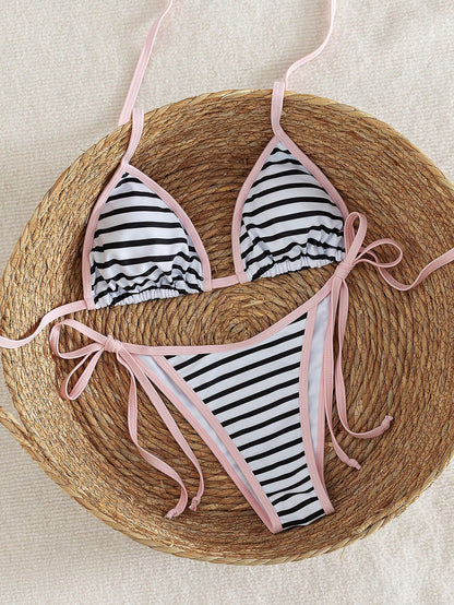 Women's Summer Colorblock Striped Bikini Set Set, Halter Neck Tie Backless Swimwear, High Elasticity Breathable Fabric, Party/Music Festival Bikini Set, Beach Vacation Swimwear, Women's Summer Vacatio