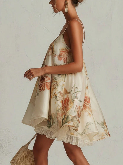 Women's Summer Floral Spaghetti Strap Mini Dress, French Lace Irregular Hem Boho Dress, Elegant Outfit For Beach Brunch Resort Vacation Trip