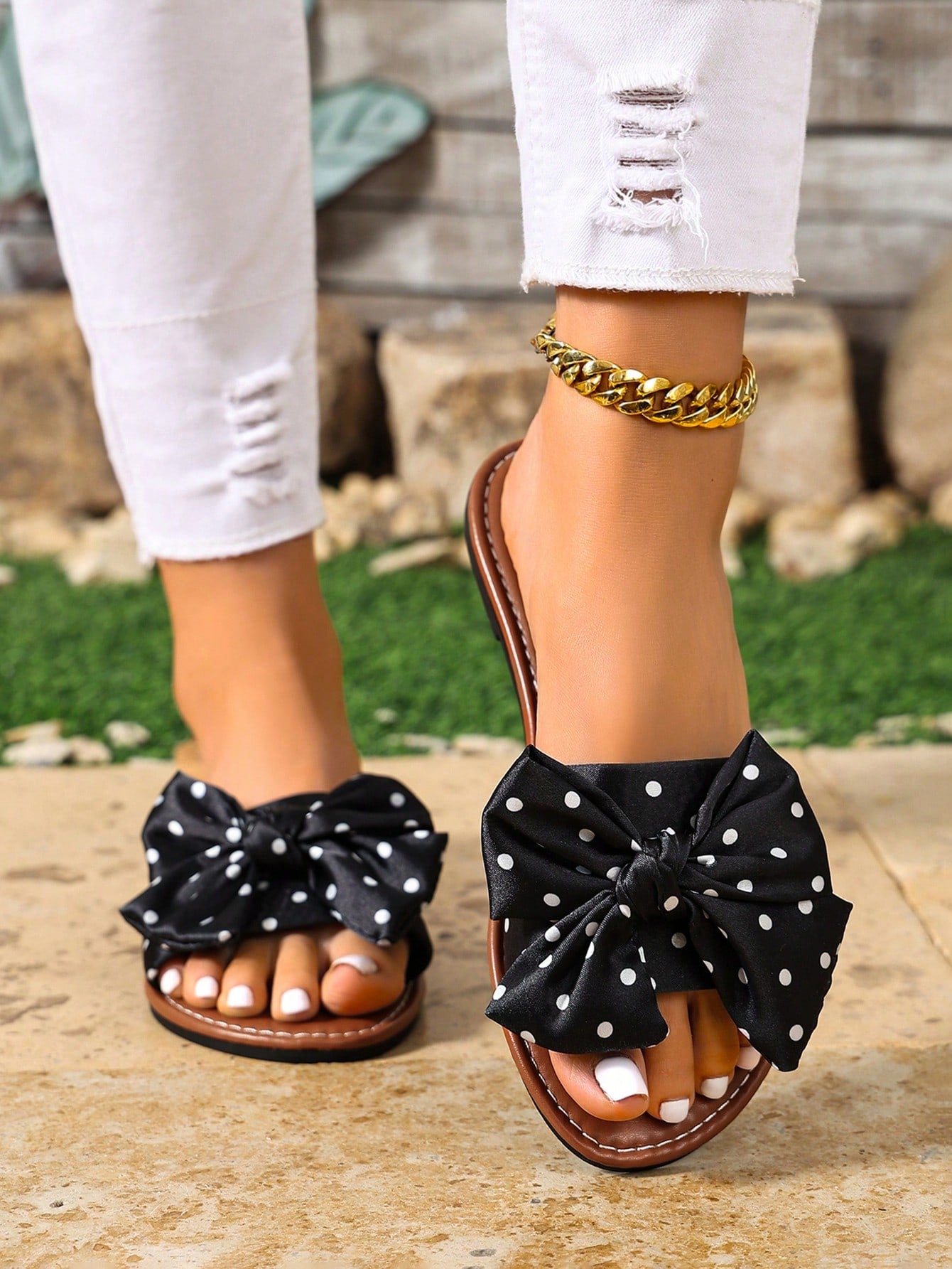 Women's Summer New Bowknot Design Sandals, Vacation Style Beach Polka Dot Fashion Sandals Slippers,Holiday Essential