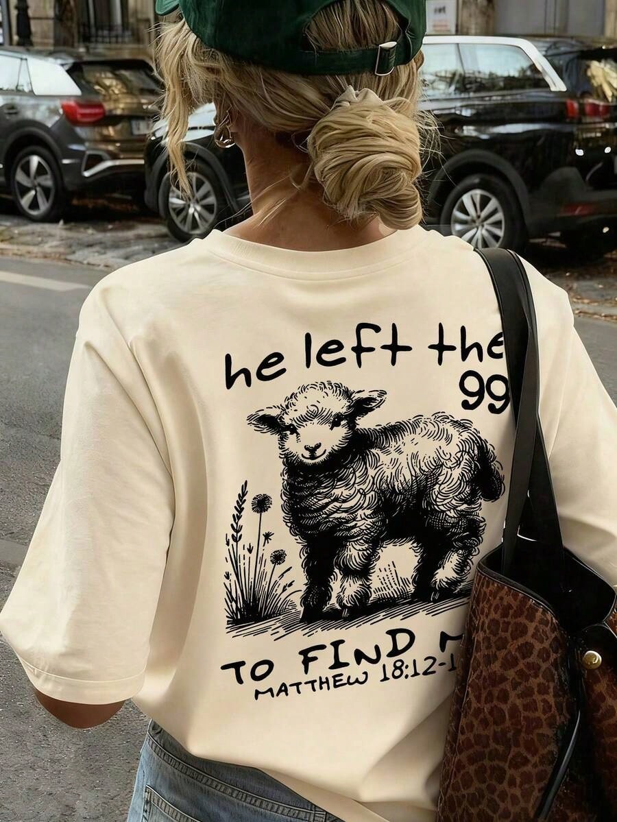 Women'S Summer New Casual Alpaca Letter Print Loose Versatile Round Neck Beige Short Sleeve T-Shirt, Fashionable Everyday & Holiday Wear
