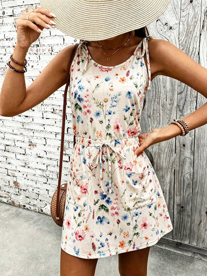 Women's U-Neck Spaghetti Strap Pocket Front Tie Small Ditsy Floral Casual Sleeveless Mini Dress, Suitable For Beach Vacation Style Mini Dress, Suitable For Vacation, Commuting And Daily Wear, El