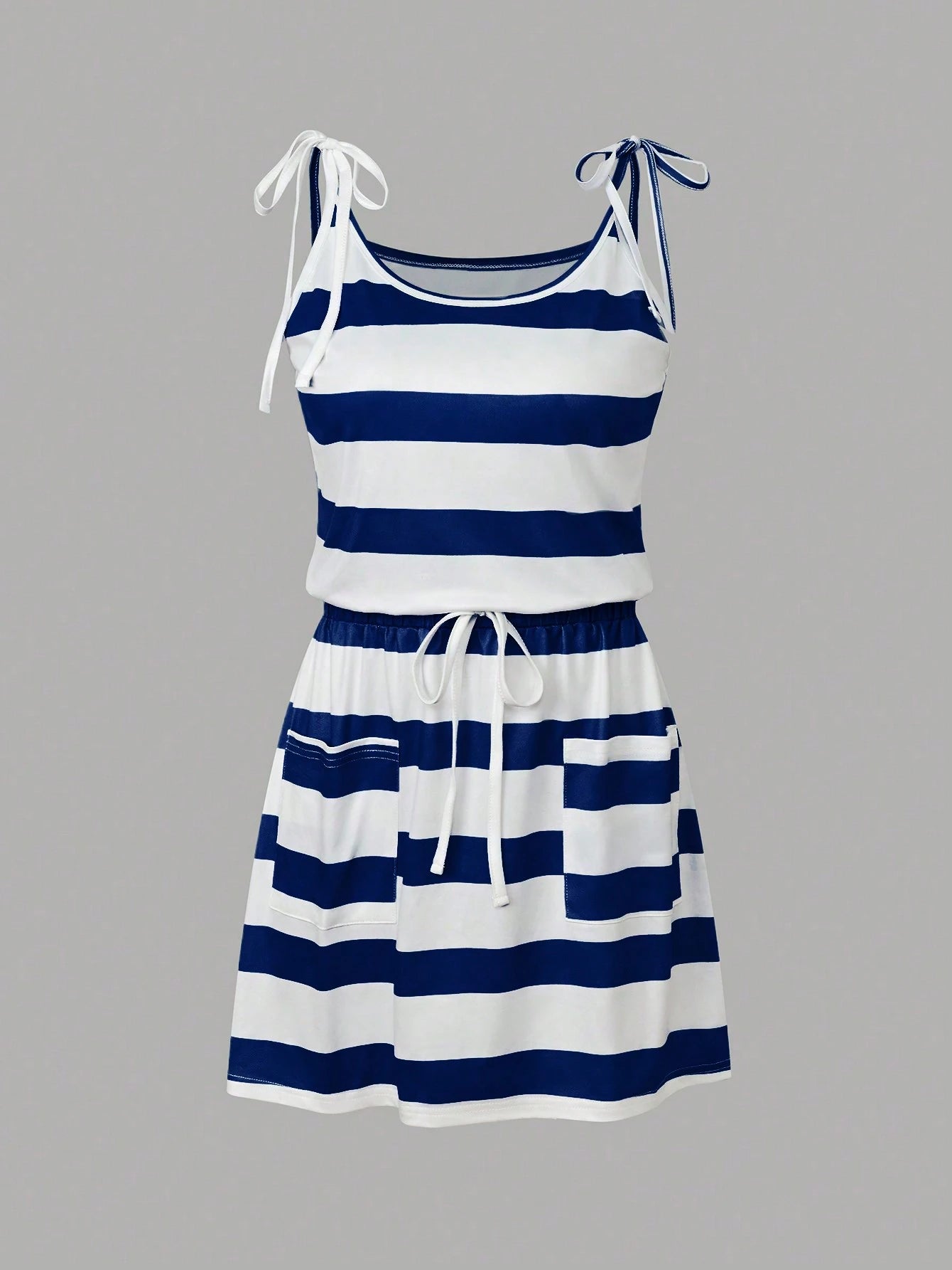 Women's U-Neck Spaghetti Strap Pocket Front Tie Small Ditsy Floral Casual Sleeveless Mini Dress, Suitable For Beach Vacation Style Mini Dress, Suitable For Vacation, Commuting And Daily Wear, El