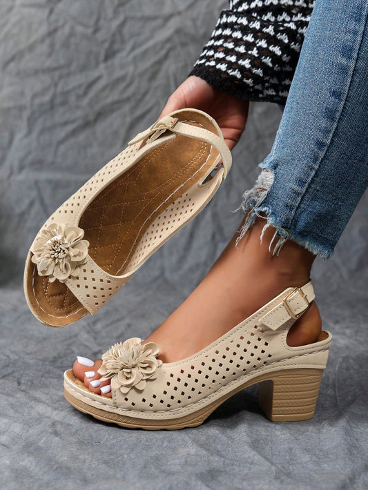 Women's Vintage High Heel Sandals With Flower Decor, Hollow-Out Breathable Upper, Adjustable Metal Buckle, Street Style, Khaki Color, Platform Peep-Toe Open Toe High Heels, Summer