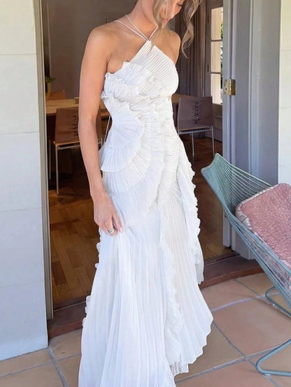 Women's White Lightweight Halter Neck Backless Ruffle Mid-Length A-Line Dress, Sleeveless Polyester Elegant Party, Vacationcore Summer