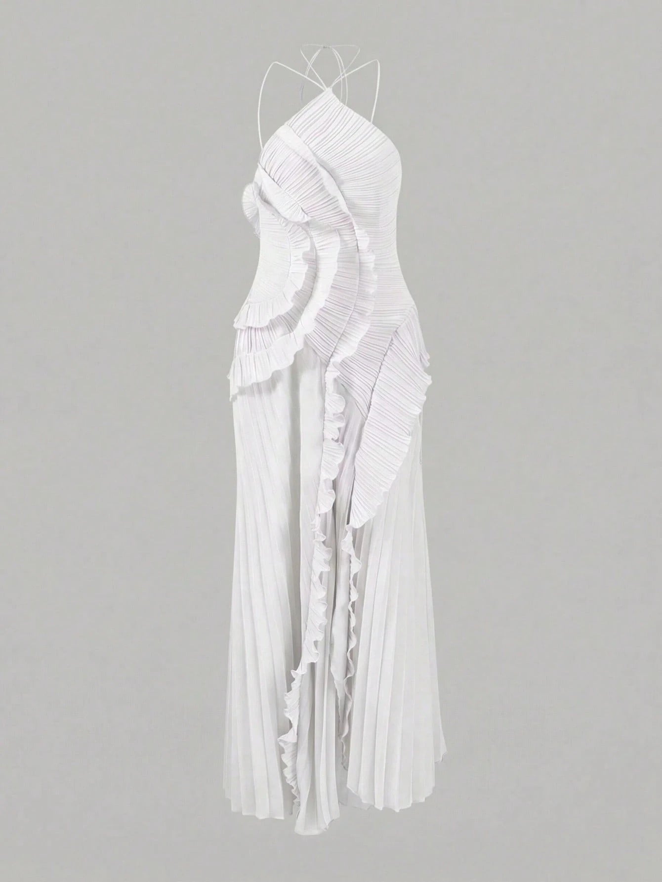 Women's White Lightweight Halter Neck Backless Ruffle Mid-Length A-Line Dress, Sleeveless Polyester Elegant Party, Vacationcore Summer