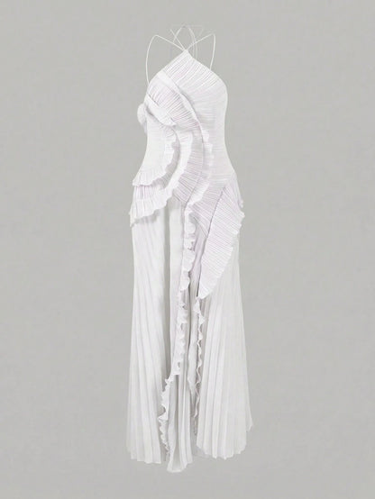 Women's White Lightweight Halter Neck Backless Ruffle Mid-Length A-Line Dress, Sleeveless Polyester Elegant Party, Vacationcore Summer