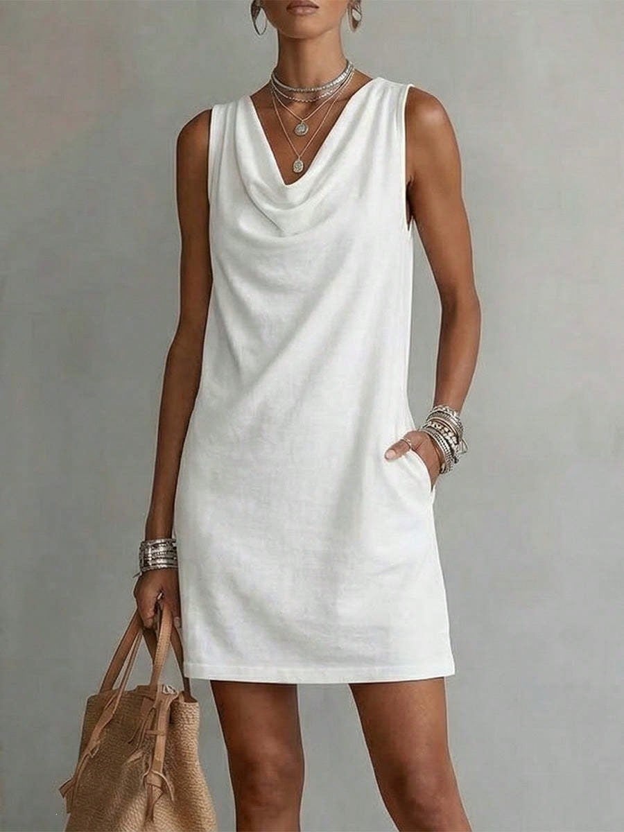 Women Solid Cowl Neck Sleeveless Mini Dress Side Pockets Loose Casual Summer Beach Cover Up Shift Dress