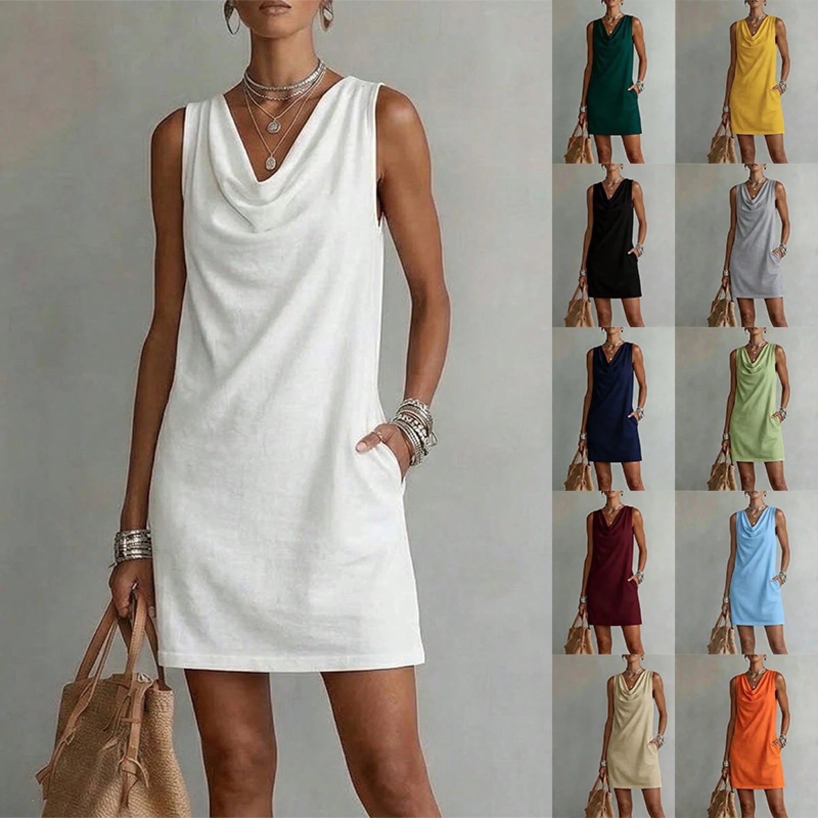 Women Solid Cowl Neck Sleeveless Mini Dress Side Pockets Loose Casual Summer Beach Cover Up Shift Dress