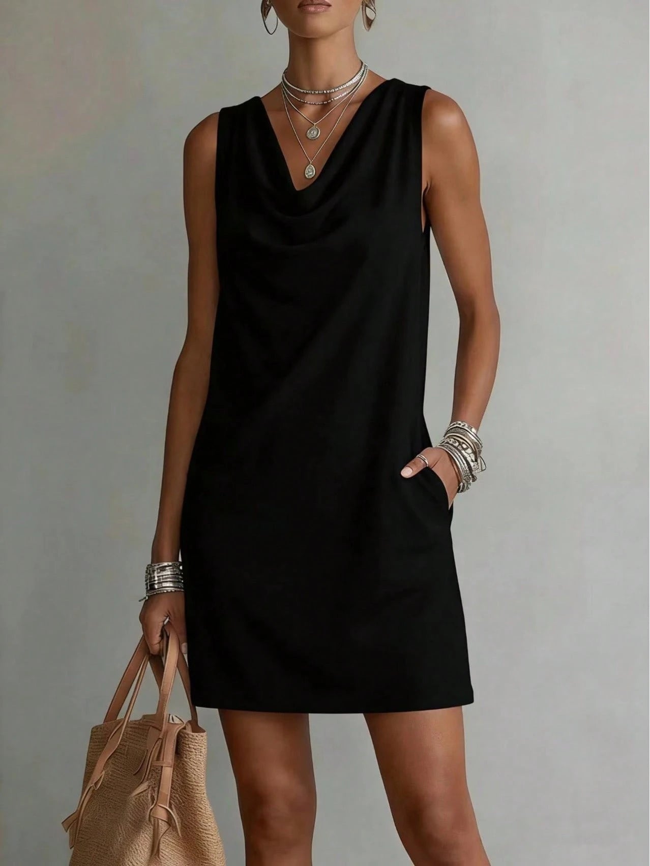 Women Solid Cowl Neck Sleeveless Mini Dress Side Pockets Loose Casual Summer Beach Cover Up Shift Dress