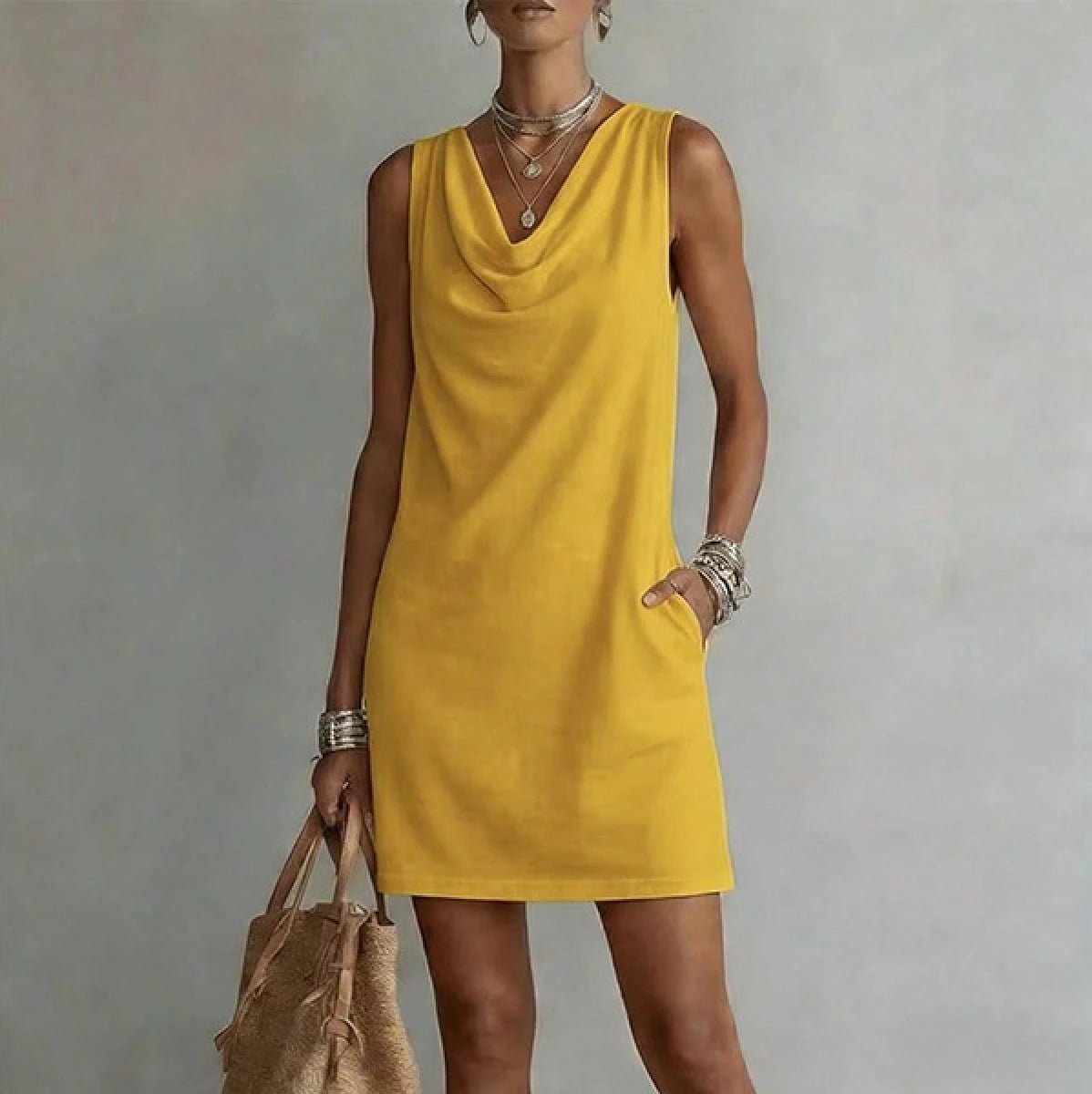 Women Solid Cowl Neck Sleeveless Mini Dress Side Pockets Loose Casual Summer Beach Cover Up Shift Dress