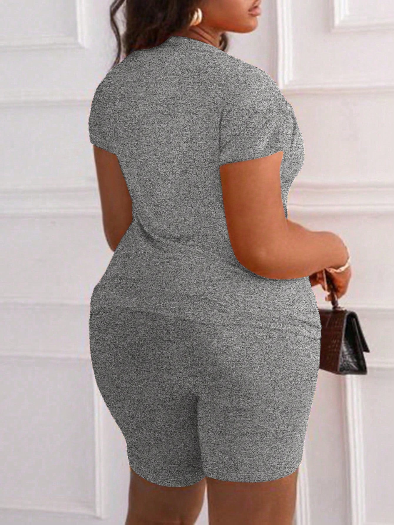 Women Summer Casual Two-Piece Set: Solid Color Round Neck Short Sleeve Distressed T-Shirt And Shorts