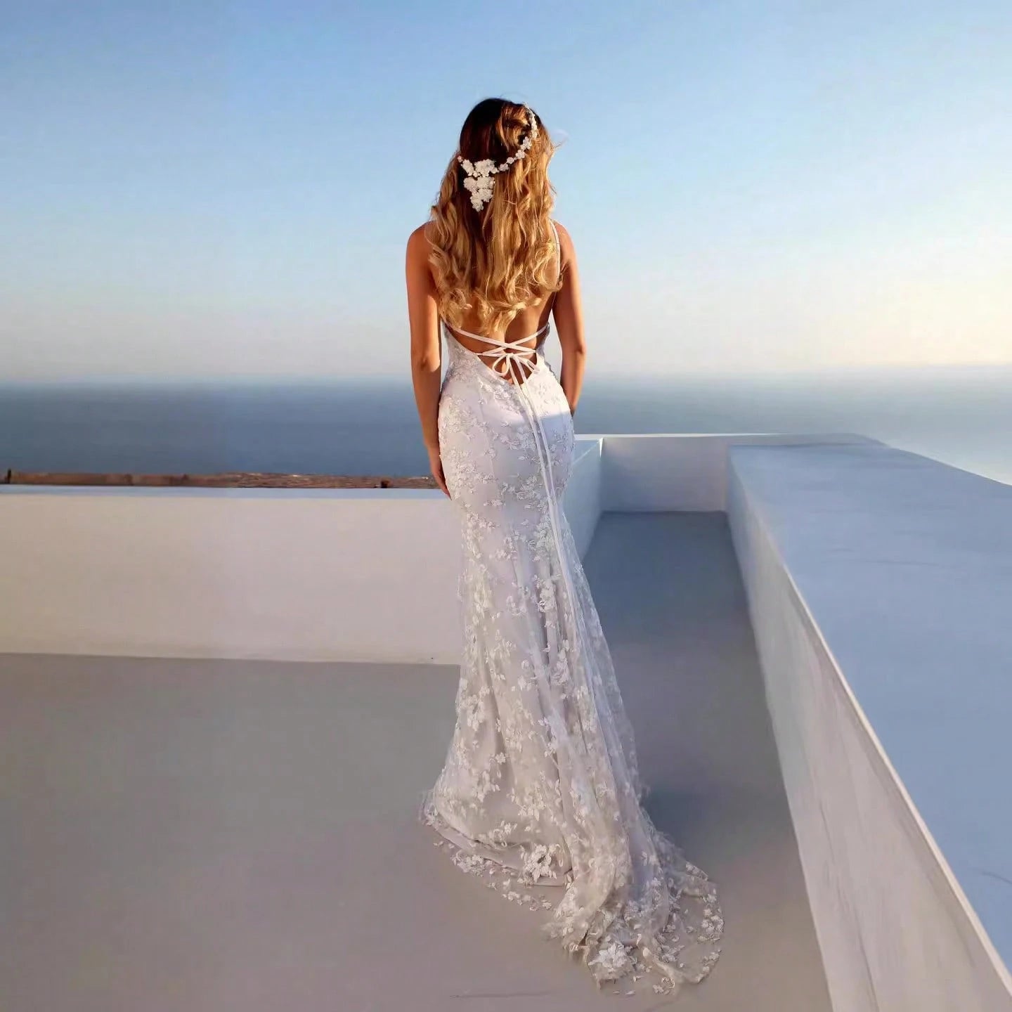Women Summer Elegant Mermaid Wedding Dress, Spaghetti Strap Deep V 3D Floral Lace Tulle Train Evening Gown