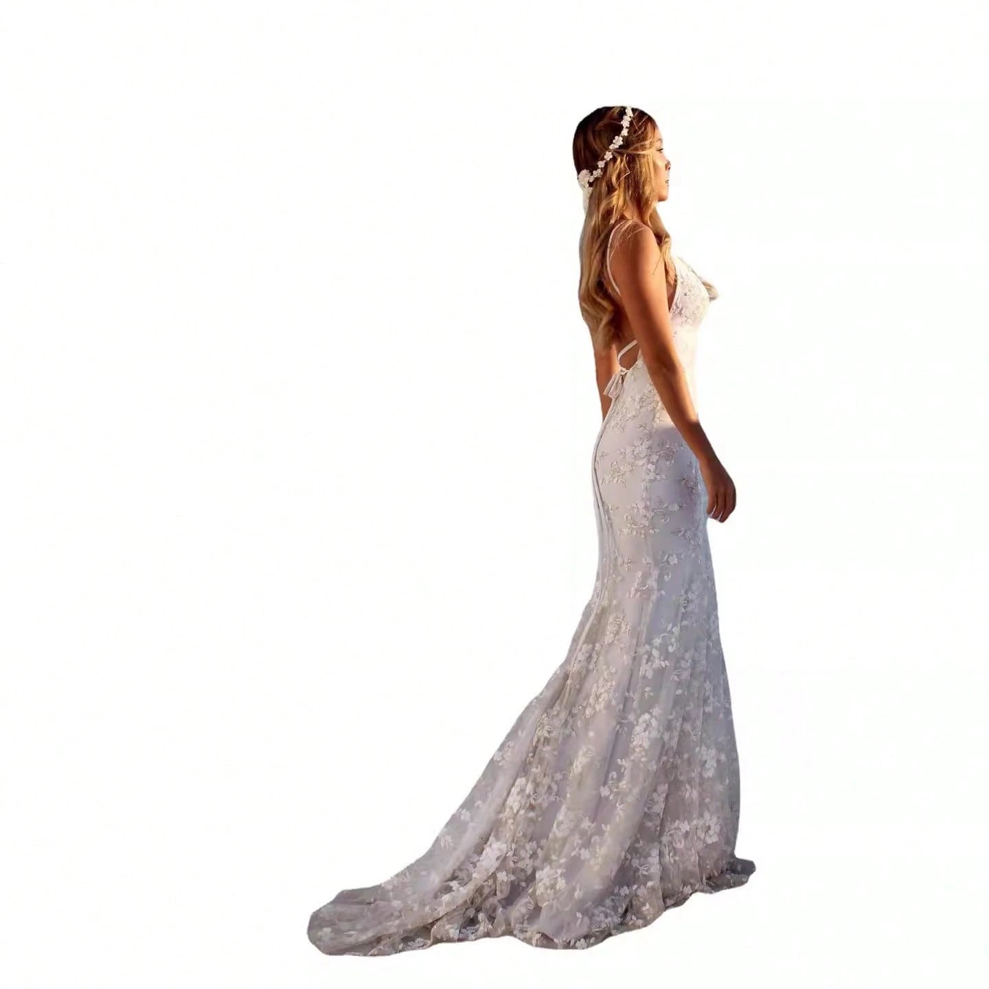 Women Summer Elegant Mermaid Wedding Dress, Spaghetti Strap Deep V 3D Floral Lace Tulle Train Evening Gown