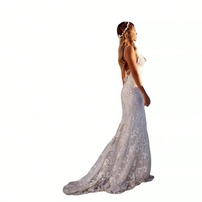 Women Summer Elegant Mermaid Wedding Dress, Spaghetti Strap Deep V 3D Floral Lace Tulle Train Evening Gown