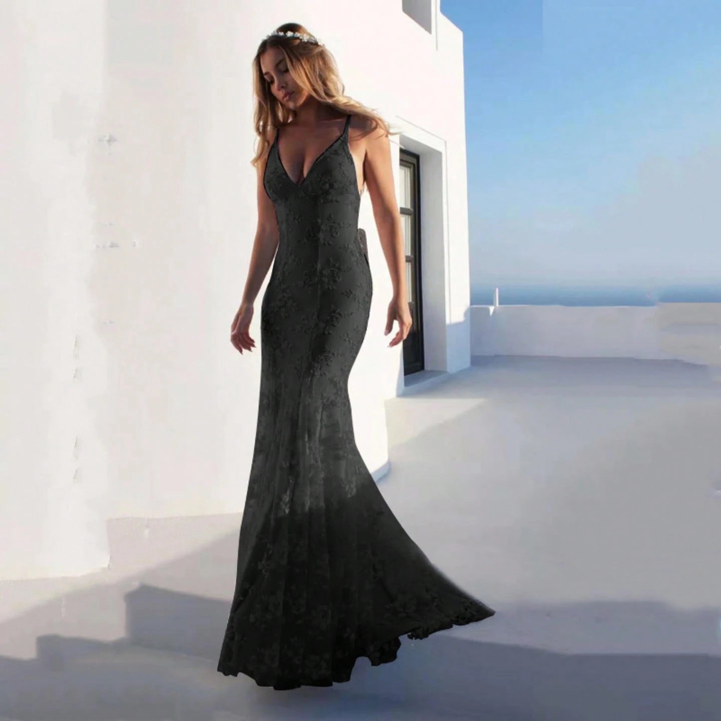 Women Summer Elegant Mermaid Wedding Dress, Spaghetti Strap Deep V 3D Floral Lace Tulle Train Evening Gown