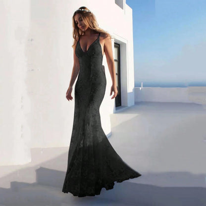 Women Summer Elegant Mermaid Wedding Dress, Spaghetti Strap Deep V 3D Floral Lace Tulle Train Evening Gown