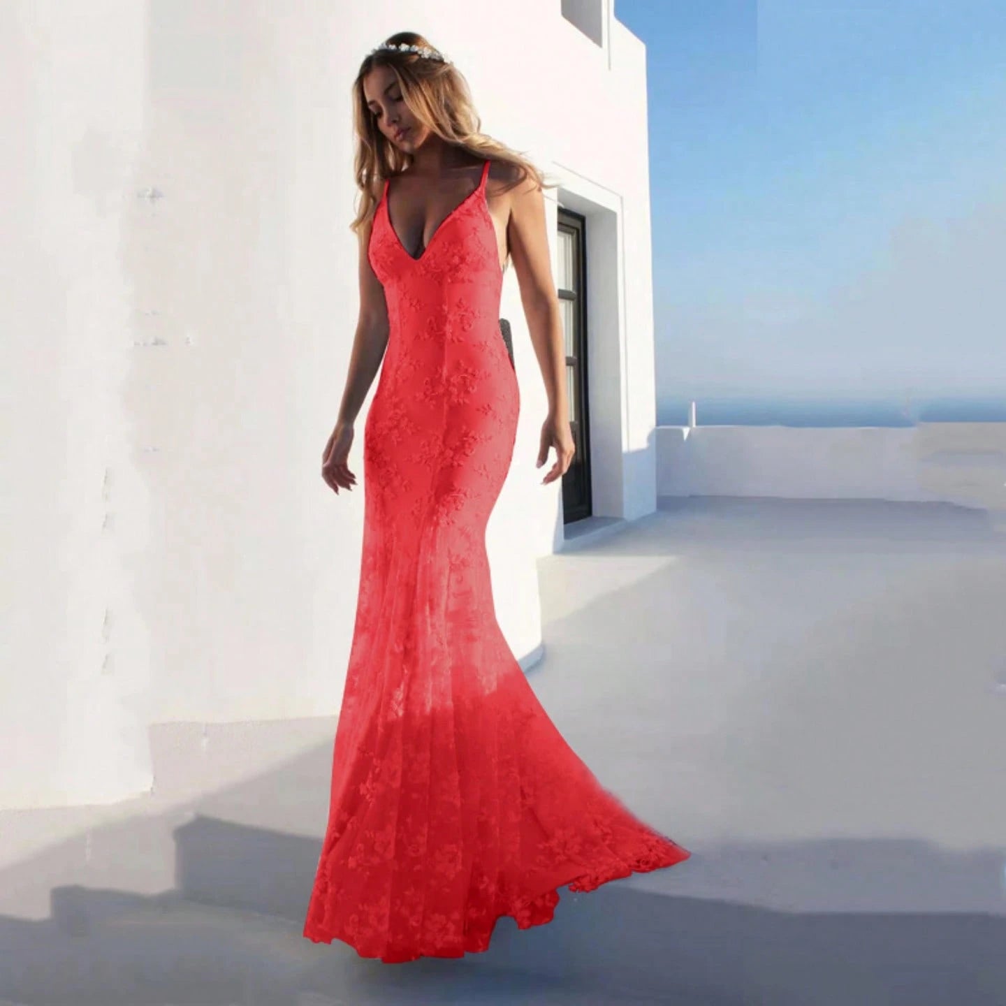 Women Summer Elegant Mermaid Wedding Dress, Spaghetti Strap Deep V 3D Floral Lace Tulle Train Evening Gown