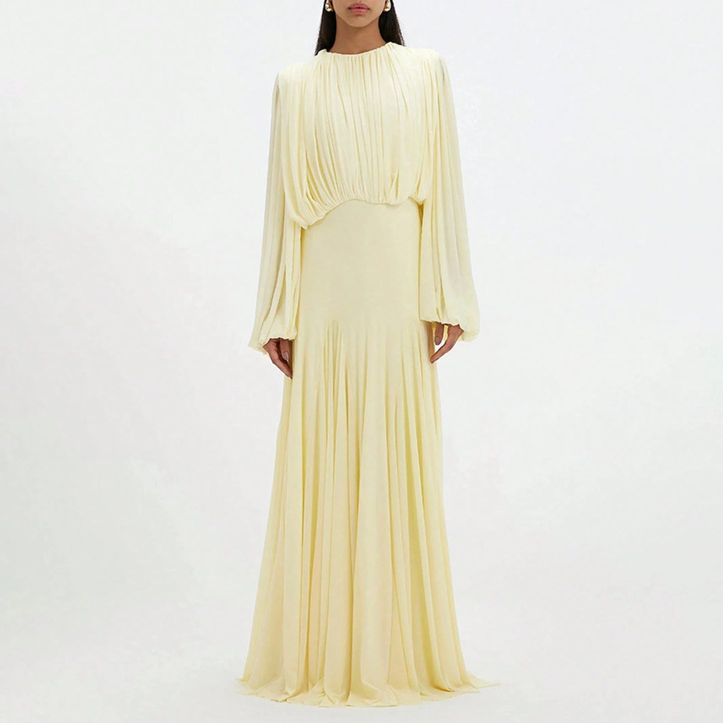 Womens Pleated Bubble Sleeve Chiffon Maxi Dress Minimal Bridesmaid Resort Wear Flowy Light Chiffon Floor Length A Line Silhouette Wedding Ceremony And