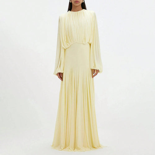Womens Pleated Bubble Sleeve Chiffon Maxi Dress Minimal Bridesmaid Resort Wear Flowy Light Chiffon Floor Length A Line Silhouette Wedding Ceremony And