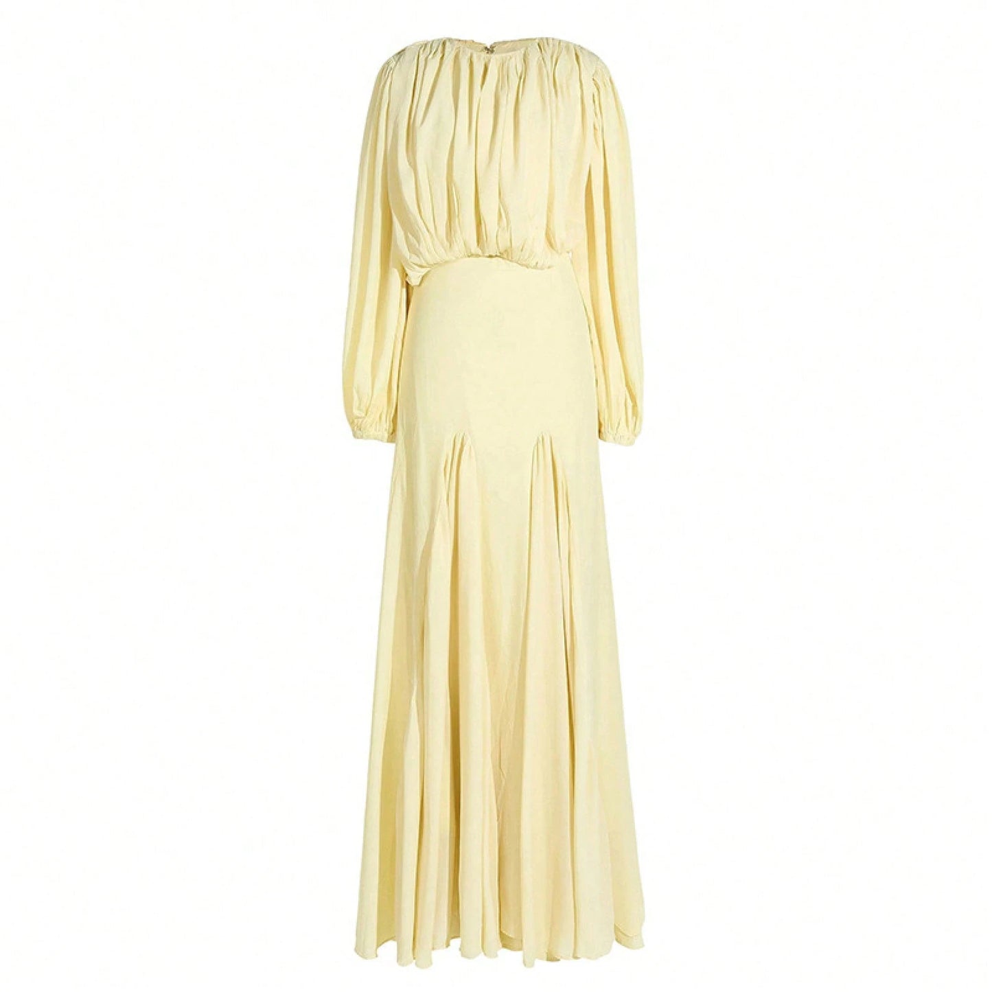Womens Pleated Bubble Sleeve Chiffon Maxi Dress Minimal Bridesmaid Resort Wear Flowy Light Chiffon Floor Length A Line Silhouette Wedding Ceremony And