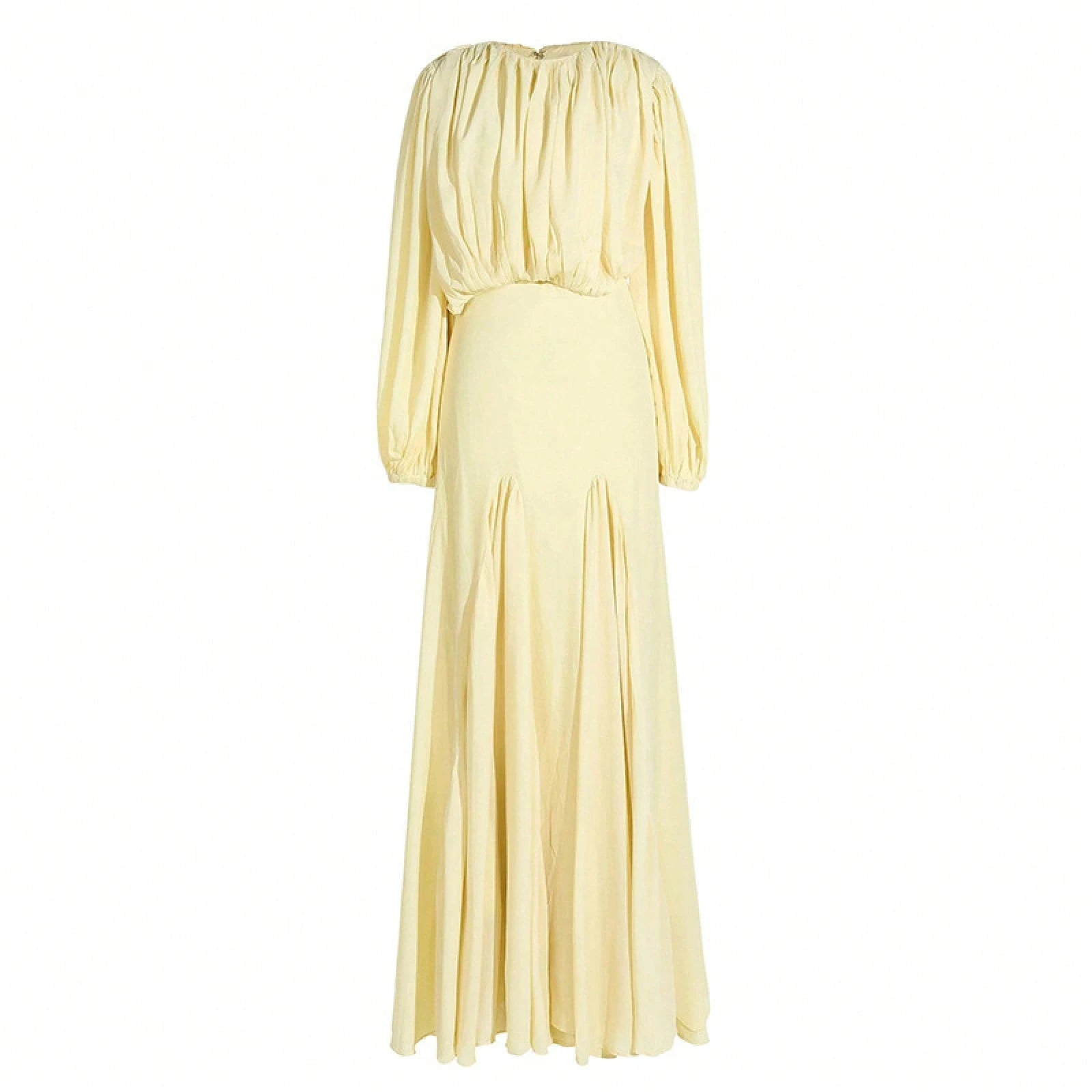 Womens Pleated Bubble Sleeve Chiffon Maxi Dress Minimal Bridesmaid Resort Wear Flowy Light Chiffon Floor Length A Line Silhouette Wedding Ceremony And