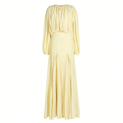 Womens Pleated Bubble Sleeve Chiffon Maxi Dress Minimal Bridesmaid Resort Wear Flowy Light Chiffon Floor Length A Line Silhouette Wedding Ceremony And