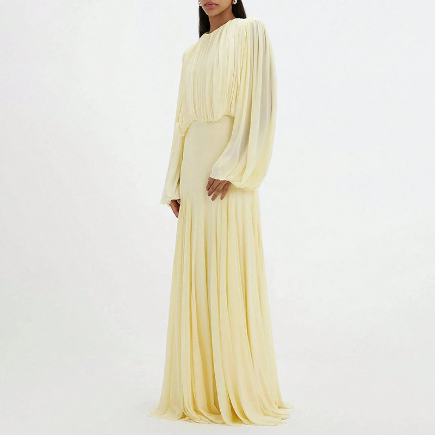 Womens Pleated Bubble Sleeve Chiffon Maxi Dress Minimal Bridesmaid Resort Wear Flowy Light Chiffon Floor Length A Line Silhouette Wedding Ceremony And