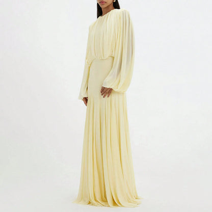 Womens Pleated Bubble Sleeve Chiffon Maxi Dress Minimal Bridesmaid Resort Wear Flowy Light Chiffon Floor Length A Line Silhouette Wedding Ceremony And