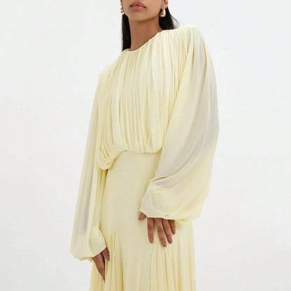 Womens Pleated Bubble Sleeve Chiffon Maxi Dress Minimal Bridesmaid Resort Wear Flowy Light Chiffon Floor Length A Line Silhouette Wedding Ceremony And