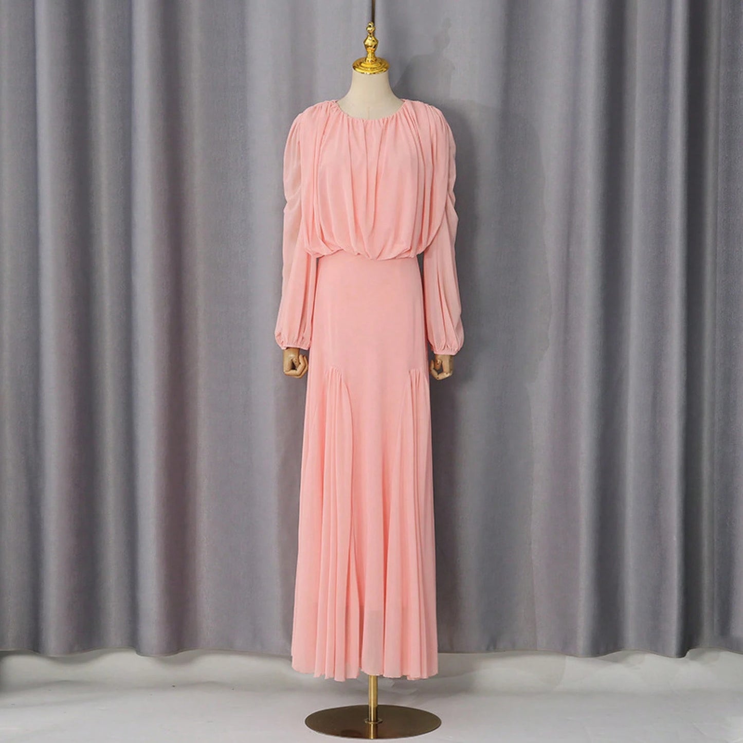 Womens Pleated Bubble Sleeve Chiffon Maxi Dress Minimal Bridesmaid Resort Wear Flowy Light Chiffon Floor Length A Line Silhouette Wedding Ceremony And