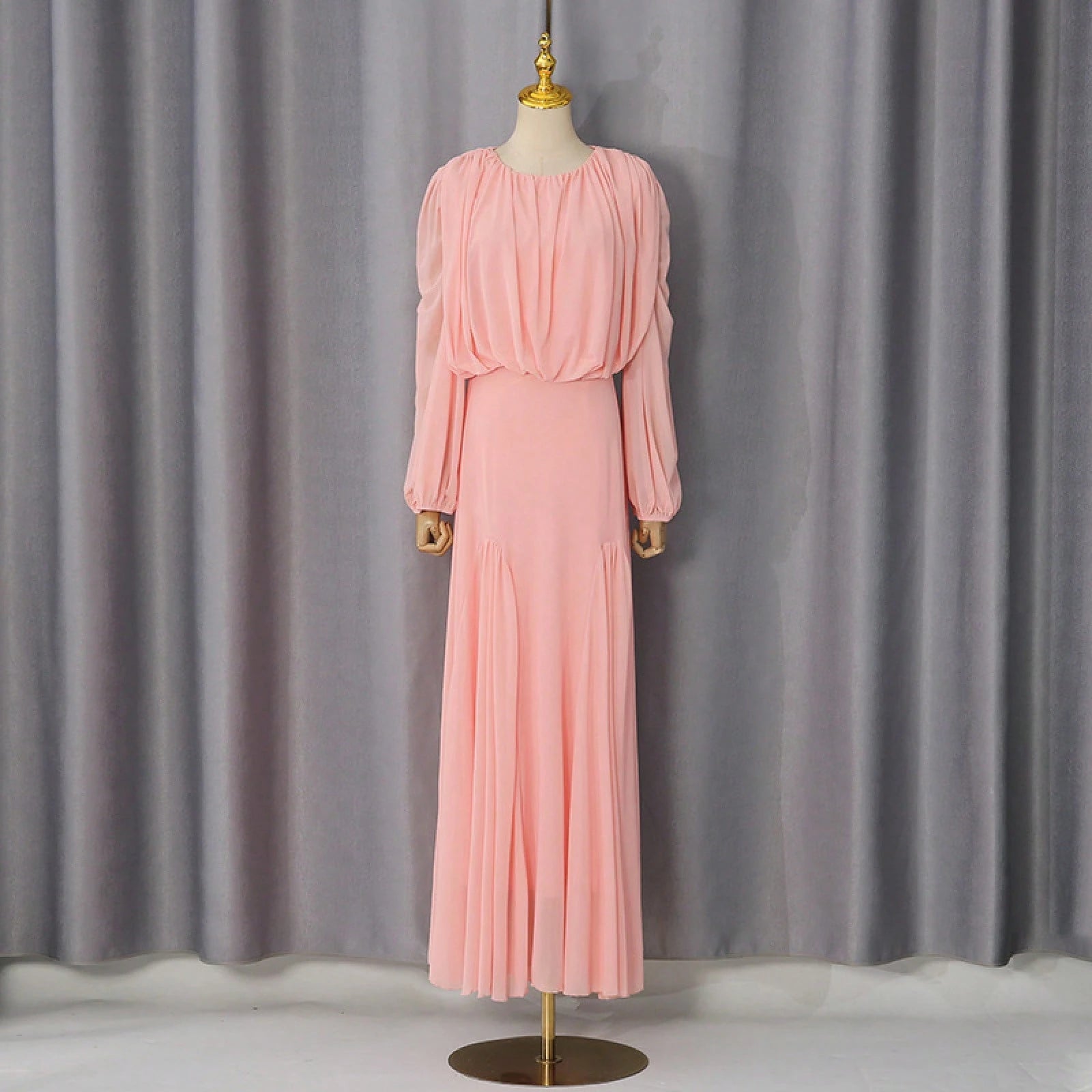Womens Pleated Bubble Sleeve Chiffon Maxi Dress Minimal Bridesmaid Resort Wear Flowy Light Chiffon Floor Length A Line Silhouette Wedding Ceremony And