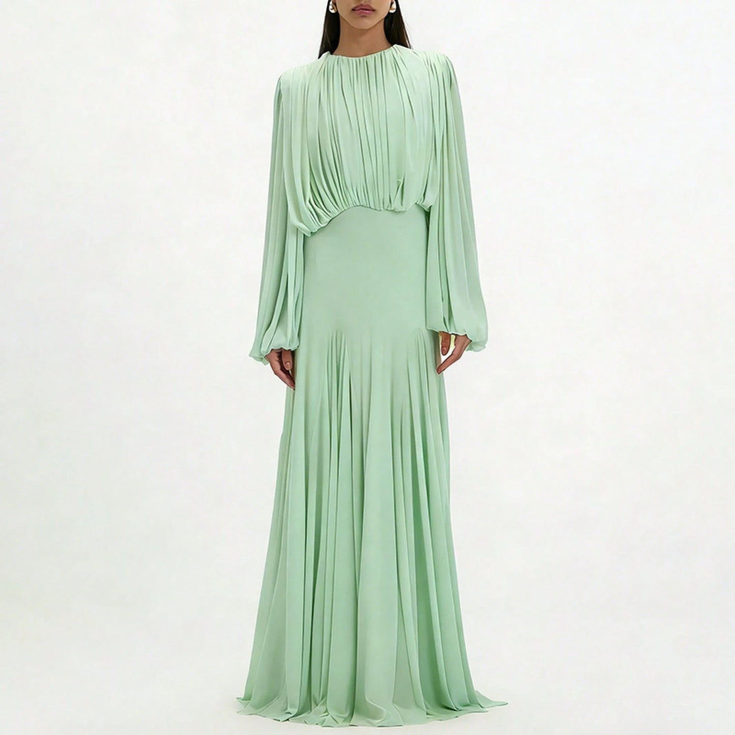 Womens Pleated Bubble Sleeve Chiffon Maxi Dress Minimal Bridesmaid Resort Wear Flowy Light Chiffon Floor Length A Line Silhouette Wedding Ceremony And