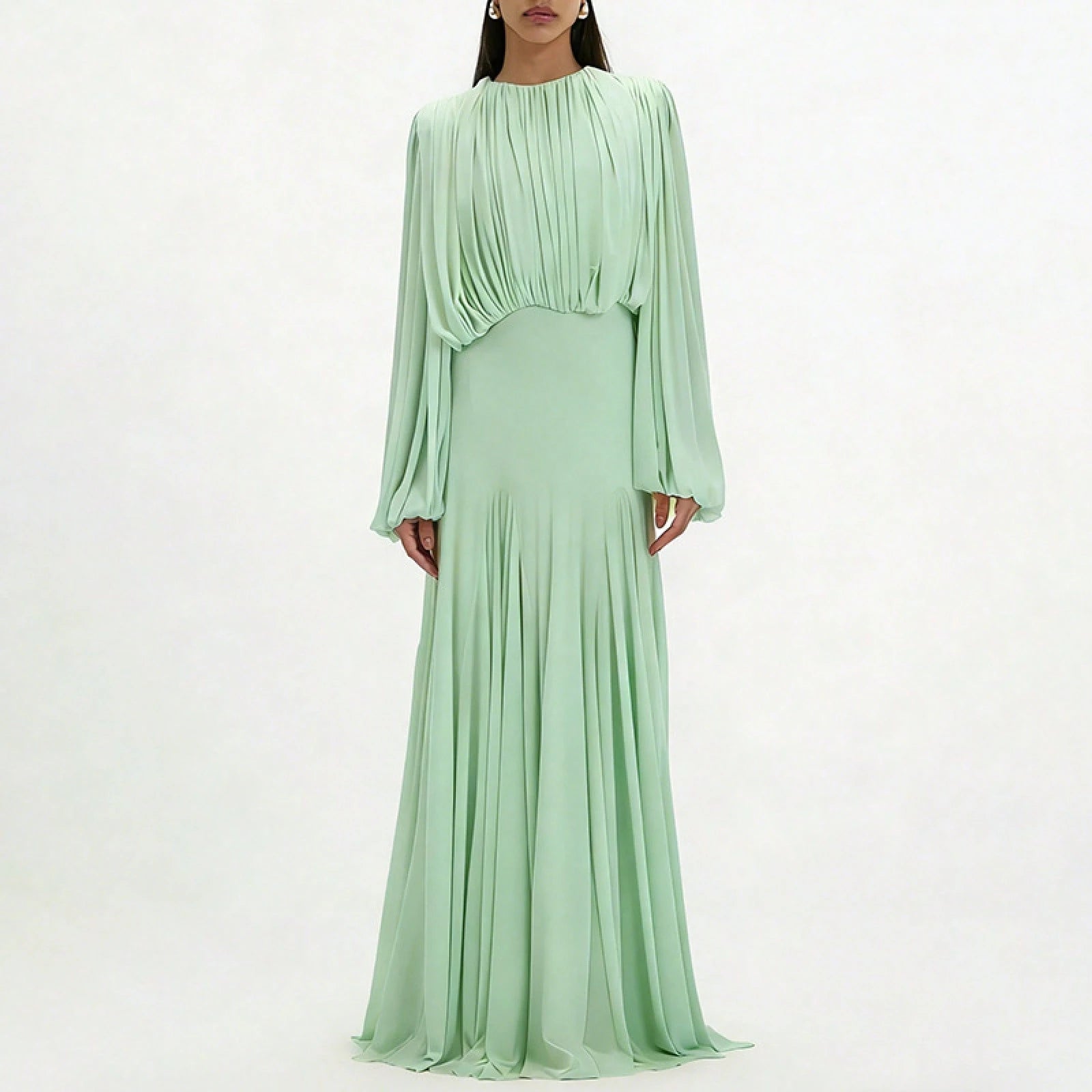 Womens Pleated Bubble Sleeve Chiffon Maxi Dress Minimal Bridesmaid Resort Wear Flowy Light Chiffon Floor Length A Line Silhouette Wedding Ceremony And