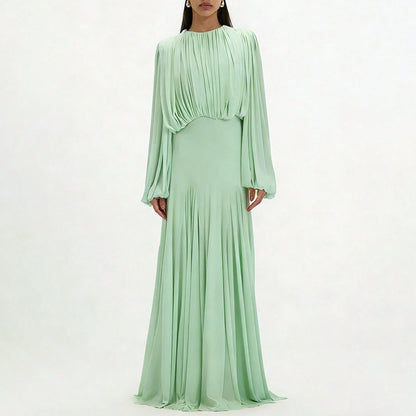 Womens Pleated Bubble Sleeve Chiffon Maxi Dress Minimal Bridesmaid Resort Wear Flowy Light Chiffon Floor Length A Line Silhouette Wedding Ceremony And
