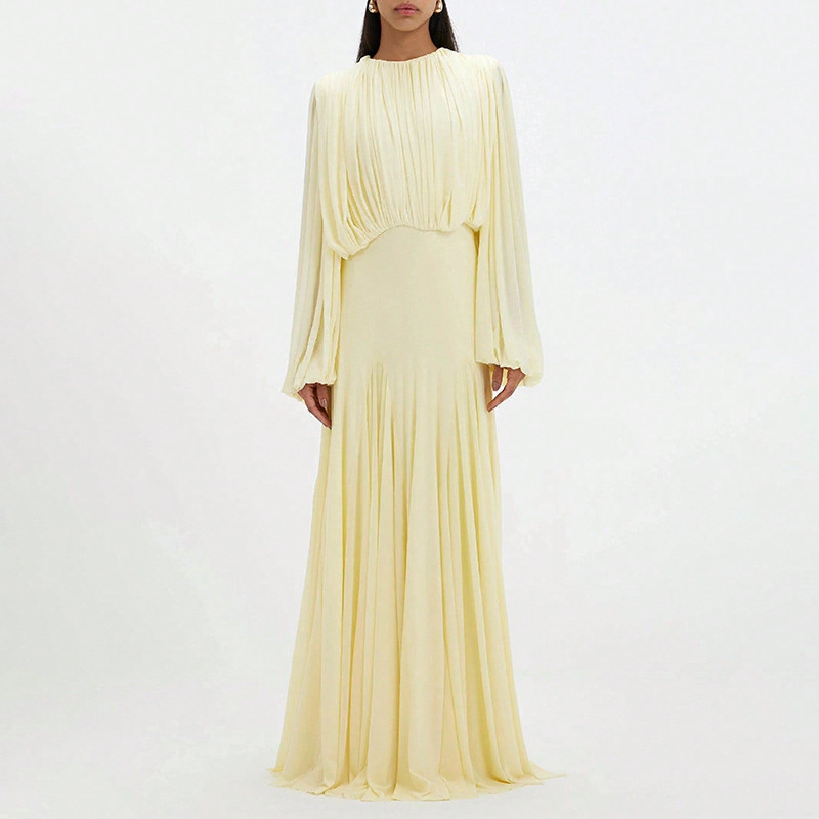 Womens Pleated Bubble Sleeve Chiffon Maxi Dress Minimal Bridesmaid Resort Wear Flowy Light Chiffon Floor Length A Line Silhouette Wedding Ceremony And