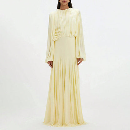 Womens Pleated Bubble Sleeve Chiffon Maxi Dress Minimal Bridesmaid Resort Wear Flowy Light Chiffon Floor Length A Line Silhouette Wedding Ceremony And