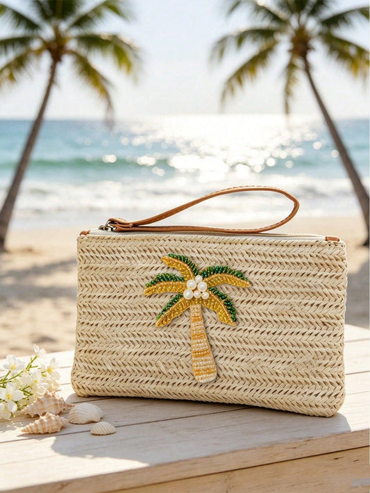 Woven Beaded Coconut Tree Clutch, Bohemian Beach Straw Wristlet Wallet, Multi-Functional Storage Bag, Makeup Bag, Exquisite Beaded Decoration With Colorful Beaded Lemon Accent, Summer Beach Travel And