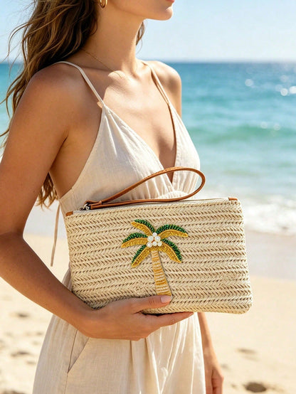 Woven Beaded Coconut Tree Clutch, Bohemian Beach Straw Wristlet Wallet, Multi-Functional Storage Bag, Makeup Bag, Exquisite Beaded Decoration With Colorful Beaded Lemon Accent, Summer Beach Travel And