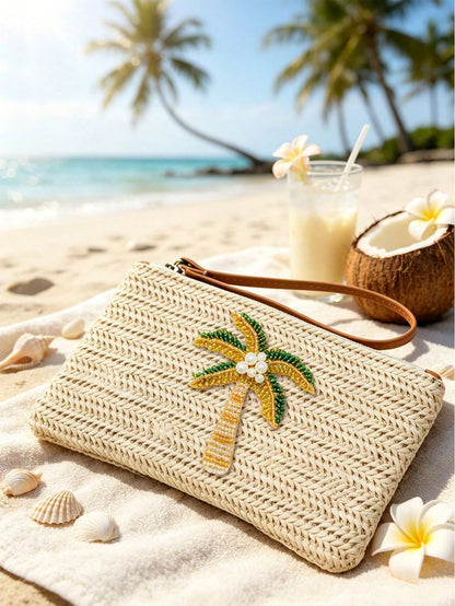 Woven Beaded Coconut Tree Clutch, Bohemian Beach Straw Wristlet Wallet, Multi-Functional Storage Bag, Makeup Bag, Exquisite Beaded Decoration With Colorful Beaded Lemon Accent, Summer Beach Travel And