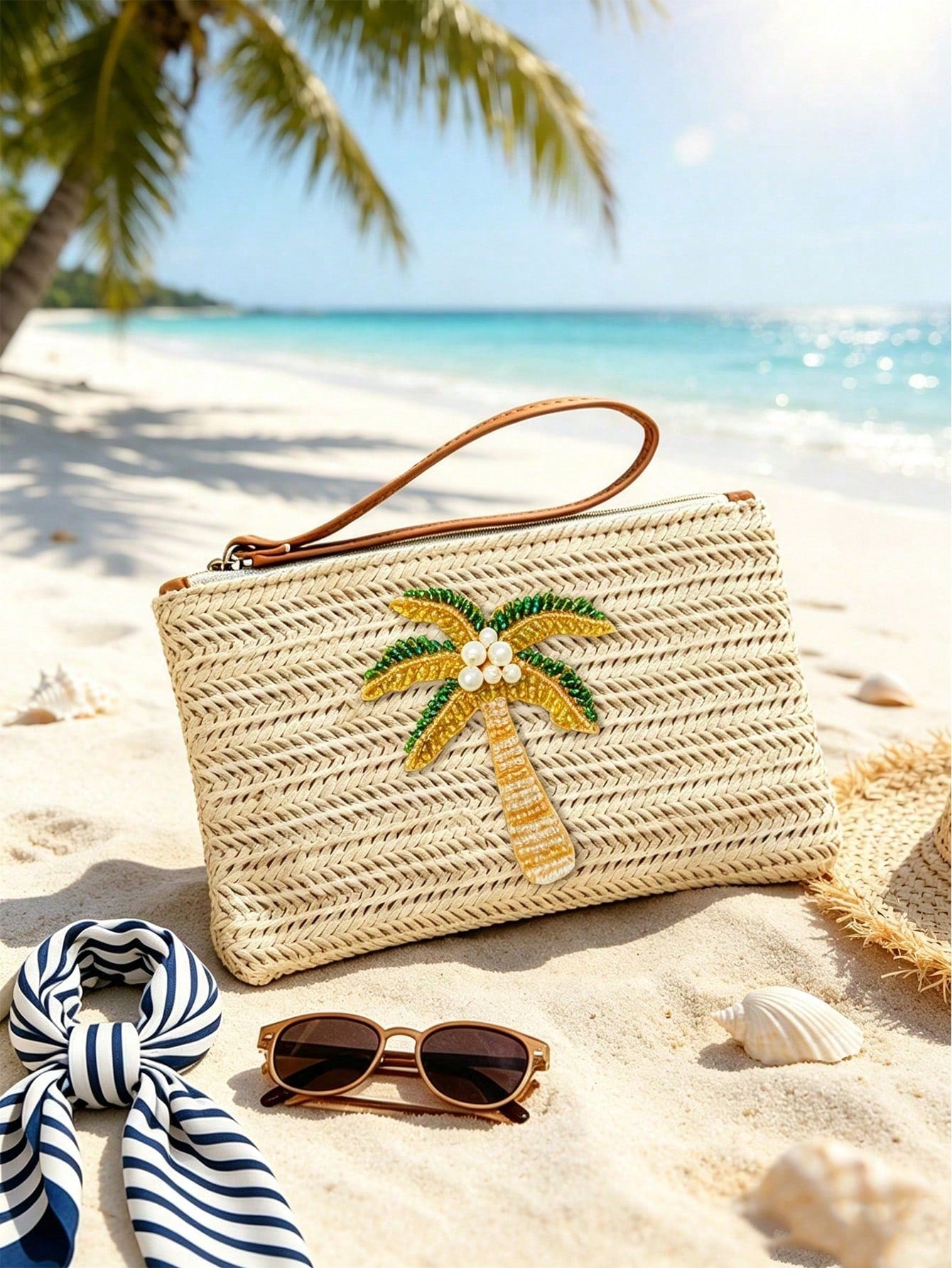 Woven Beaded Coconut Tree Clutch, Bohemian Beach Straw Wristlet Wallet, Multi-Functional Storage Bag, Makeup Bag, Exquisite Beaded Decoration With Colorful Beaded Lemon Accent, Summer Beach Travel And
