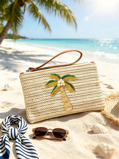 Woven Beaded Coconut Tree Clutch, Bohemian Beach Straw Wristlet Wallet, Multi-Functional Storage Bag, Makeup Bag, Exquisite Beaded Decoration With Colorful Beaded Lemon Accent, Summer Beach Travel And