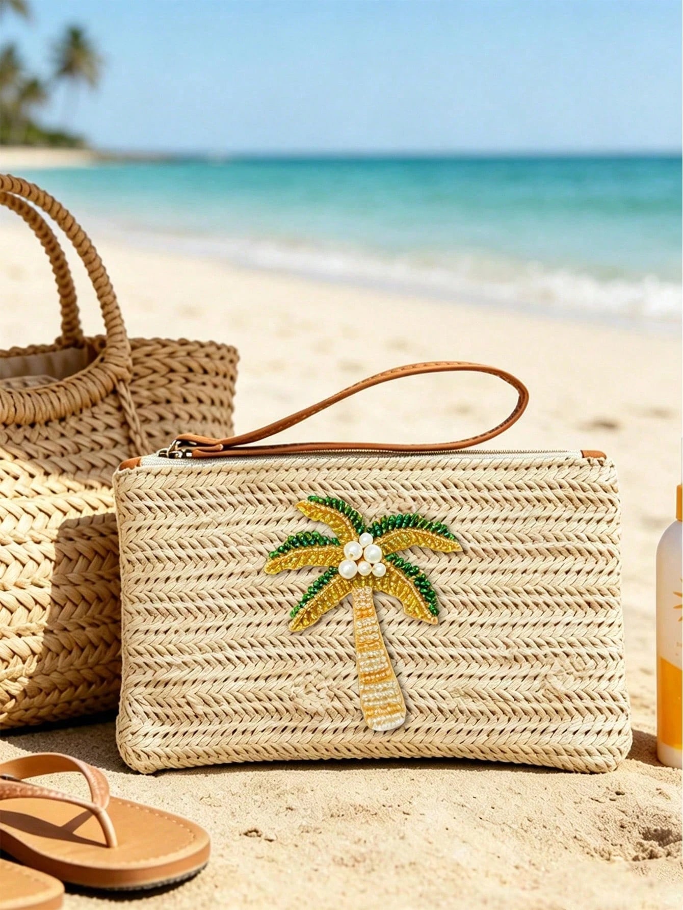 Woven Beaded Coconut Tree Clutch, Bohemian Beach Straw Wristlet Wallet, Multi-Functional Storage Bag, Makeup Bag, Exquisite Beaded Decoration With Colorful Beaded Lemon Accent, Summer Beach Travel And