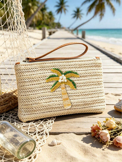 Woven Beaded Coconut Tree Clutch, Bohemian Beach Straw Wristlet Wallet, Multi-Functional Storage Bag, Makeup Bag, Exquisite Beaded Decoration With Colorful Beaded Lemon Accent, Summer Beach Travel And