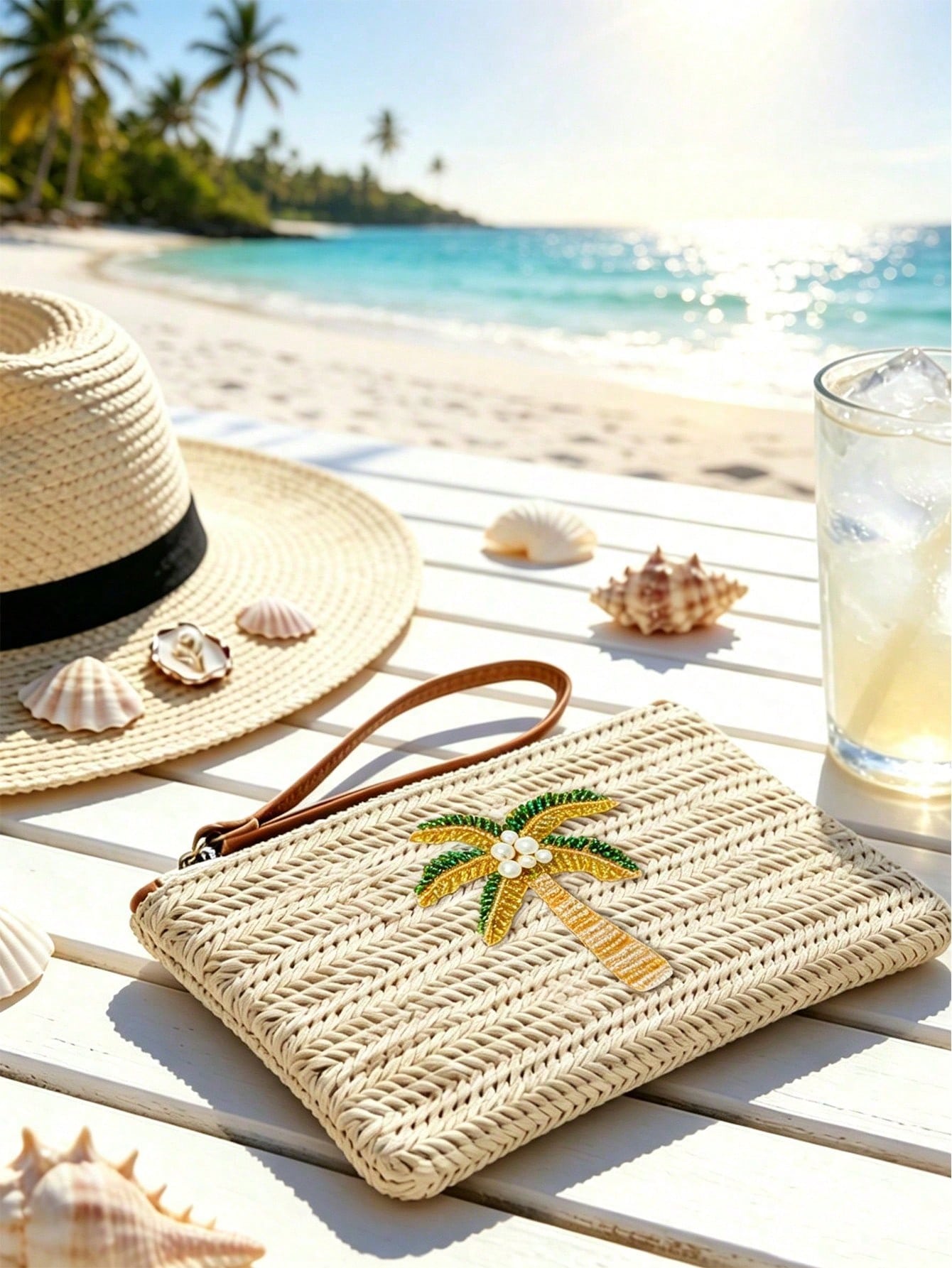 Woven Beaded Coconut Tree Clutch, Bohemian Beach Straw Wristlet Wallet, Multi-Functional Storage Bag, Makeup Bag, Exquisite Beaded Decoration With Colorful Beaded Lemon Accent, Summer Beach Travel And
