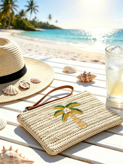 Woven Beaded Coconut Tree Clutch, Bohemian Beach Straw Wristlet Wallet, Multi-Functional Storage Bag, Makeup Bag, Exquisite Beaded Decoration With Colorful Beaded Lemon Accent, Summer Beach Travel And