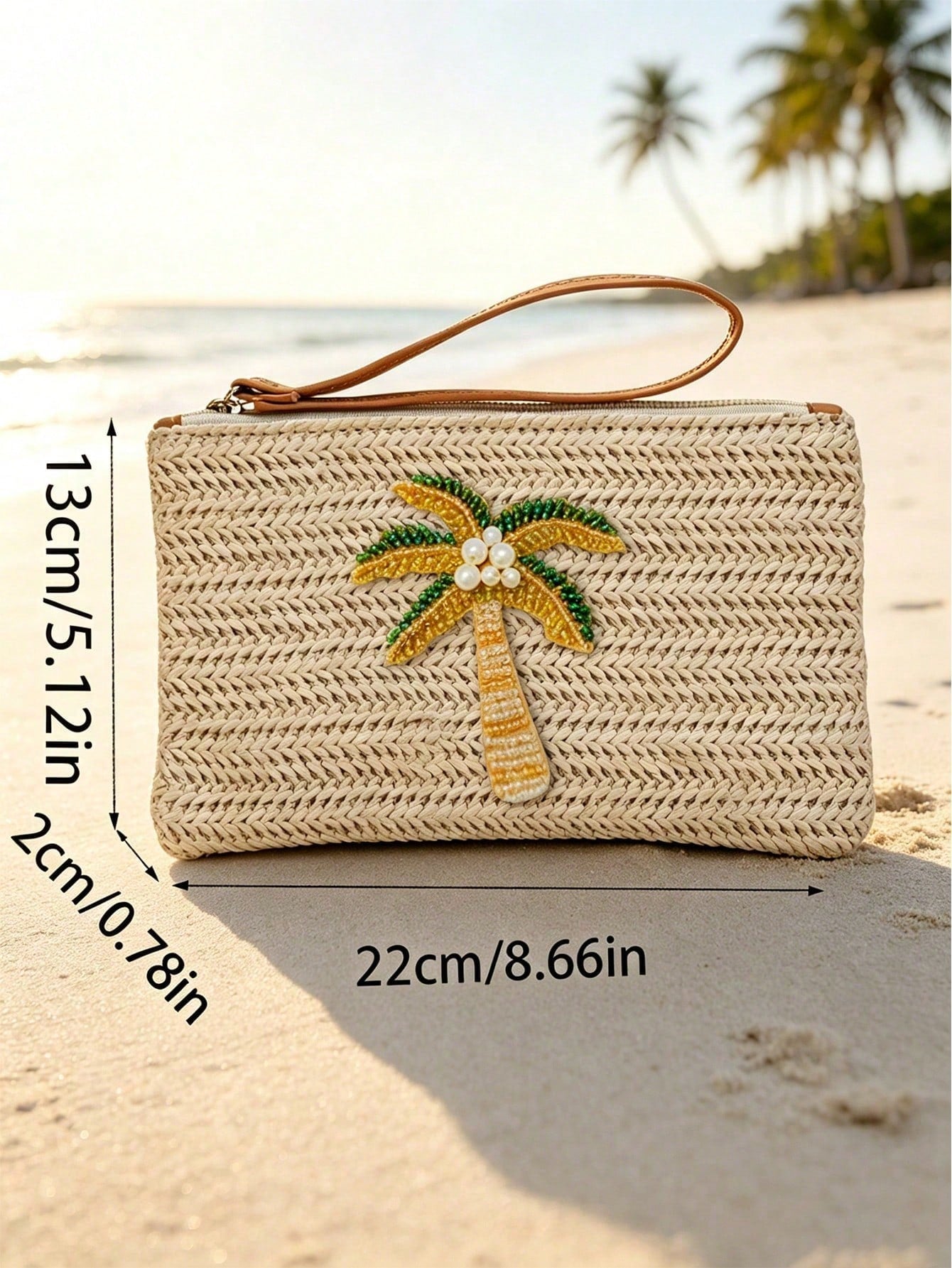 Woven Beaded Coconut Tree Clutch, Bohemian Beach Straw Wristlet Wallet, Multi-Functional Storage Bag, Makeup Bag, Exquisite Beaded Decoration With Colorful Beaded Lemon Accent, Summer Beach Travel And