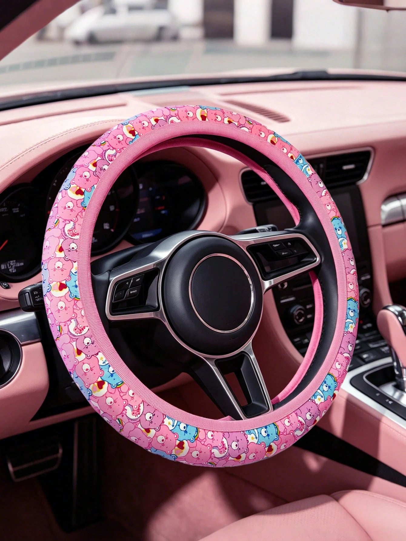 X Care Bears Cute Bear Print Steering Wheel Cover, 15 Inch Universal Non-Slip Elastic Car Steering Wheel Protector, Soft Breathable Pink Rainbow Bear Pattern Car Interior Accessories For Women G