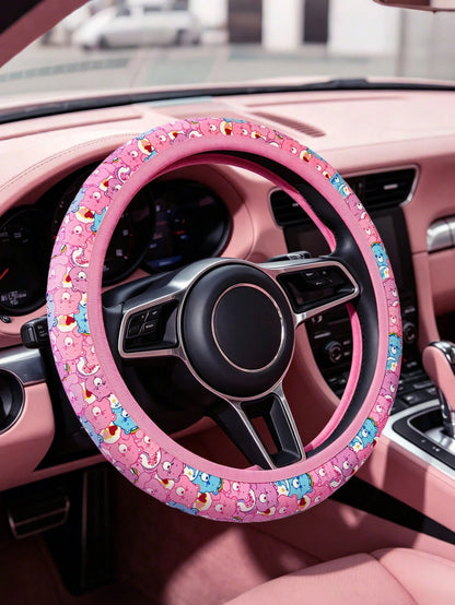 X Care Bears Cute Bear Print Steering Wheel Cover, 15 Inch Universal Non-Slip Elastic Car Steering Wheel Protector, Soft Breathable Pink Rainbow Bear Pattern Car Interior Accessories For Women G
